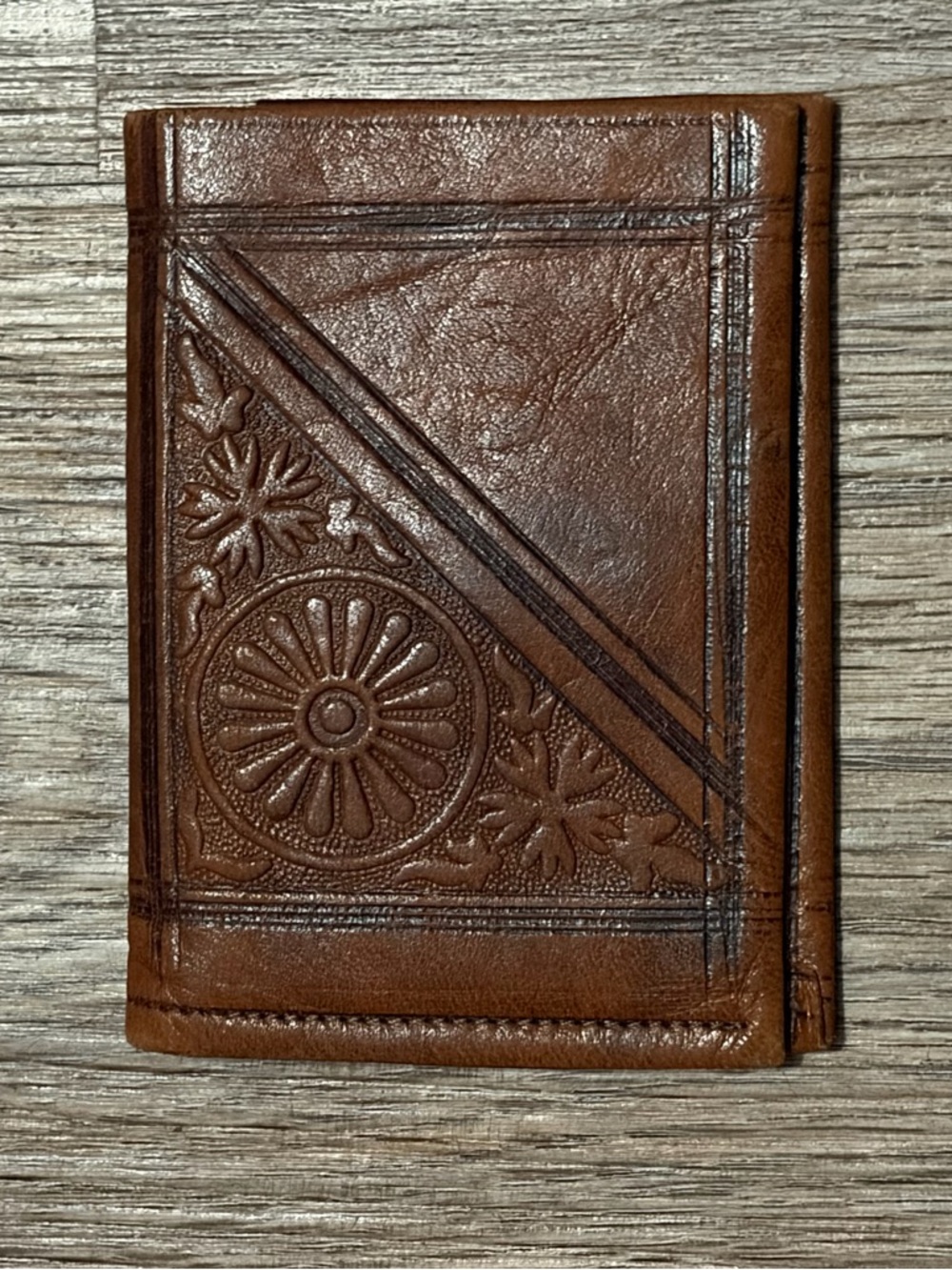 Hand-Tooled Brown Leather Card Wallet with Floral Medallion